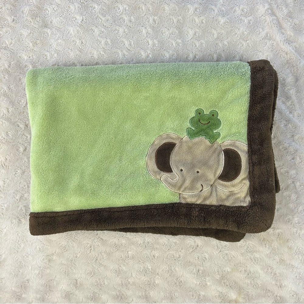 Little Bedding by NoJo Elephant Frog Baby Blanket Green Brown Edge Tan Lovey